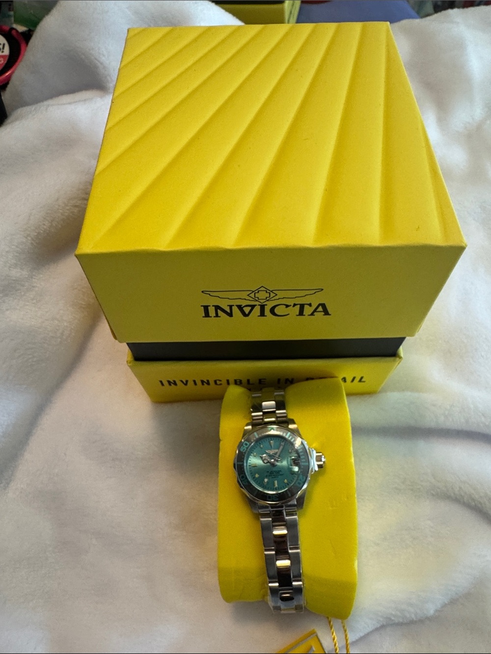 Invicta Silver Watch with Turquoise Dial and Yellow Box